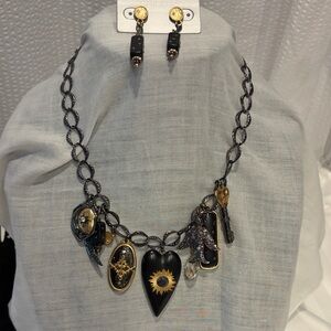 Chico’s Elegant Black and Gold Charm Necklace and Earring Set